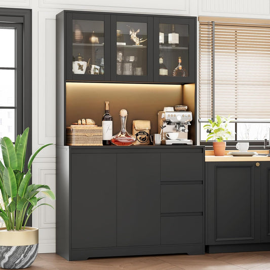 finetones 71" Kitchen Pantry Cabinet with LED Lights and Charging Station, Modern Kitchen Cabinets Hutch Cabinet with Storage and Microwave Stand, Pantry Cabinets Buffet Cabinet with Countertop, Black