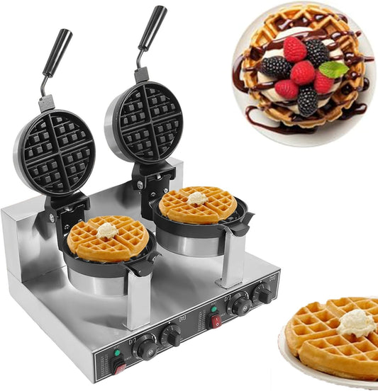 Commercial Belgian Waffle Maker Double Head Waffle Maker Machine 110V/220V 2400W Professional Belgian Waffle Iron Non-Stick Round Waffle Maker for Bakeries, Restaurant, Snack Bar