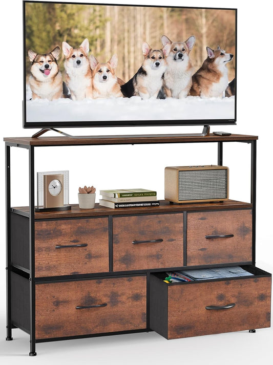 DUMOS TV Stand Dresser for Bedroom Entertainment Center with 5 Fabric Drawers Storage Organizers Units, Media Console Table with Open Shelf up for 45" Television for Living Room, Dorm, Brown