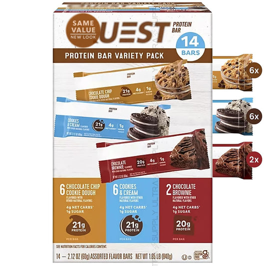 Quessts Protein Snack Bars – High Protein, Low Sugar, Brain Boosting Functional Fuel (14 Count) – Chocolate Lovers Variety with Cookies & Cream, Brownie, & Dough Flavor