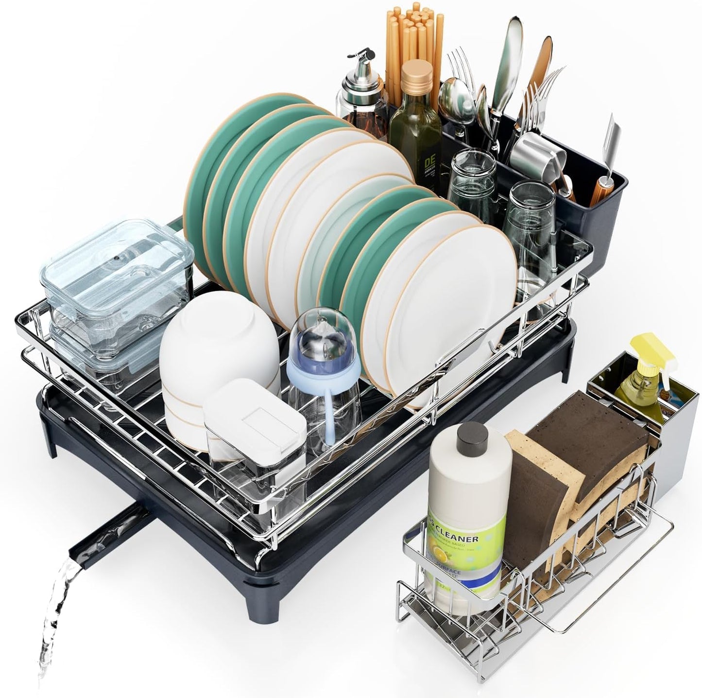 Azevix Dish Drying Rack, 304 Stainless Steel Dish Racks for Kitchen Counter with Cutlery Holder & Sponge Holder, Large Dish Drainer with Removable Drainboard, 11.8''W x 16.7''L (Stainless Steel)