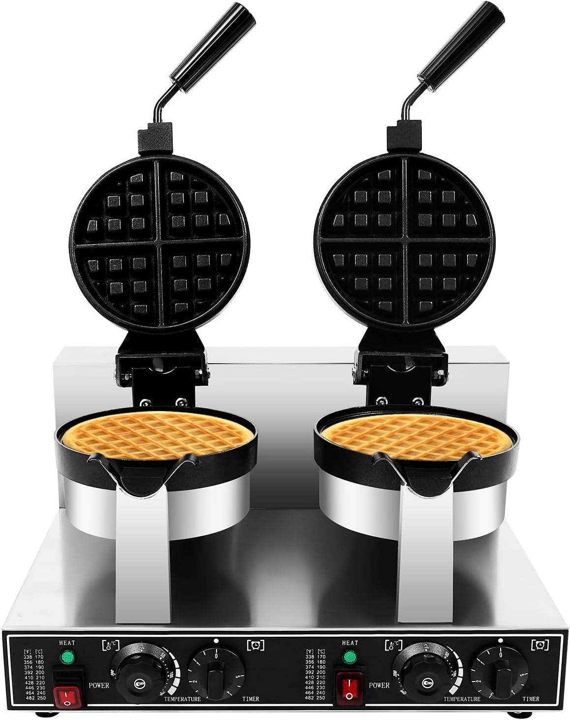 Double Flip Waffle Maker 2400W – Stainless Steel, Non-Stick, 7.9-inch, Temperature and Time Adjustable, 180° Rotatable Handle, for Home & Commercial Use