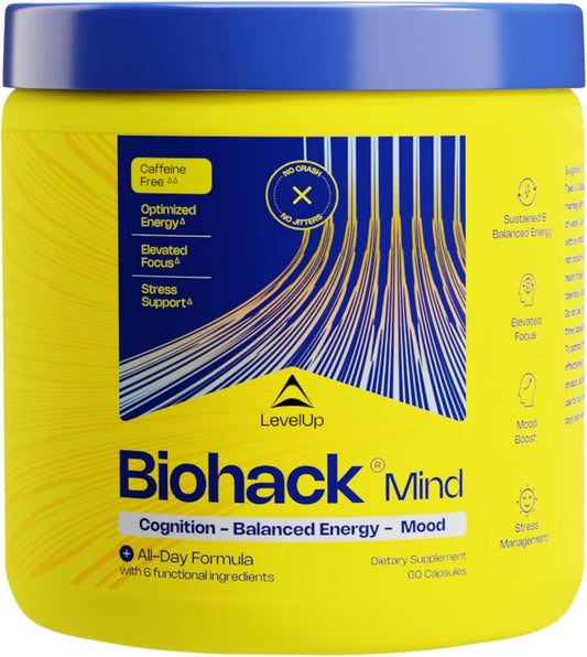 LevelUp Biohack Mind - Nootropic Brain Supplement for Men & Women | Balanced Energy, Focus, Mood & Stress Optimization with Ashwagandha, Lion's Mane, Alpha GPC, Ginseng and More - 60 Count