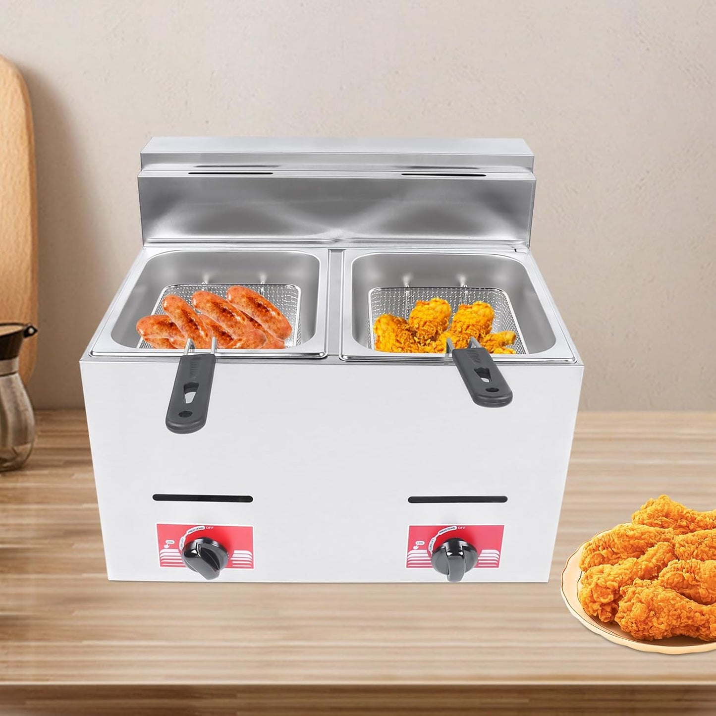 12L Deep Fryer, Commercial Propane Deep LPG Fryer Countertop Gas Fryer & 2Baskets 2 Lids, Double Cylinder Gas Fryer Independent Temperature Control for Restaurant and Home Use