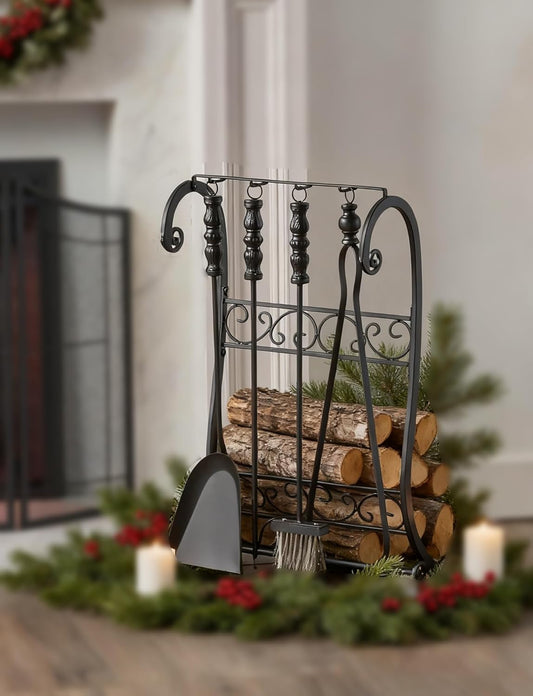 Cast Iron Log Rack & Fire Tool Set - Wood Storage Cradle with Handles for Indoor/Outdoor Fireplace, Grate Stand Holder