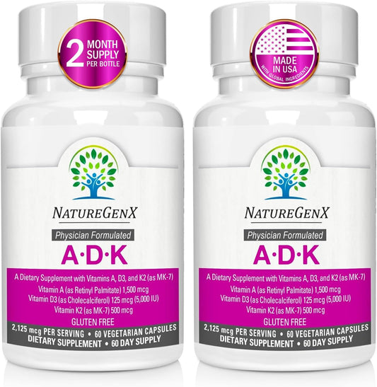 NatureGenX ADK Vitamin Supplement - Enhanced Bone Health with High Potency Vitamins A, D3, K2, Gluten-Free, 60 Capsules (Pack of 2)