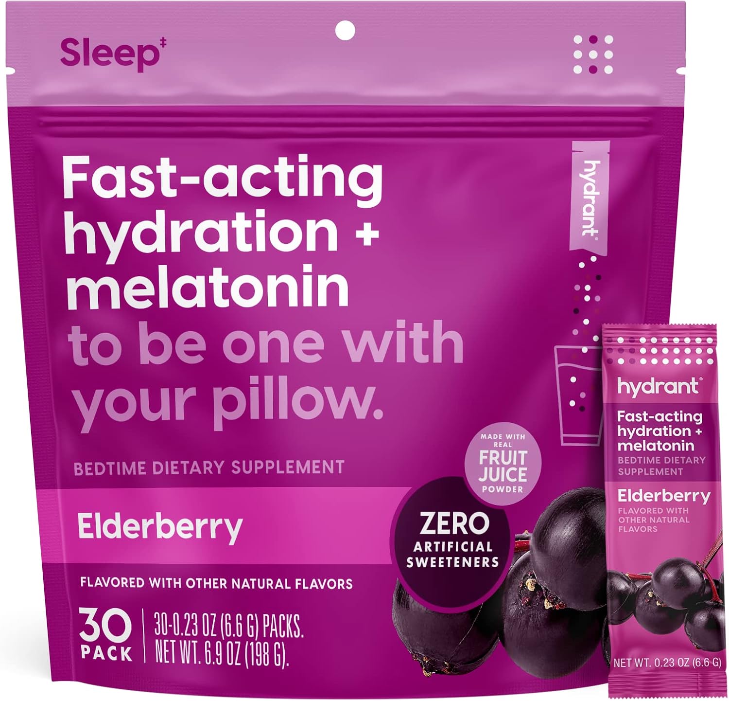 Hydrant Sleep, Individual Hydrating Rest and Recovery Powder Stick Packets with a Blend of Melatonin, L-Theanine, Magnesium, & Chamomile (Elderberry, 30 Pack)