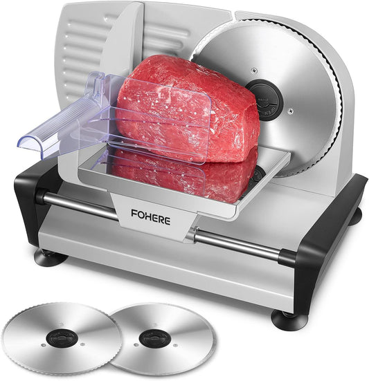 FOHERE 200W Meat Slicer Machine for Home, Electric Food Slicer with Two 7.5" Sharp Stainless Steel Blade(Serrated + Smooth) 0-15mm Precise Thickness Deli Meat Slicer for Bread Fruit Vegetable(Silver)