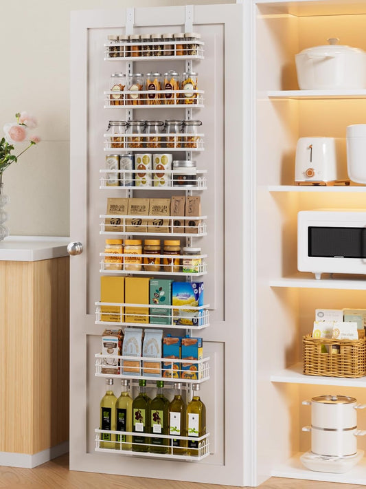 Delamu 9 Tier Over The Door Pantry Organizer, Pantry Organization and Storage, Hanging Spice Rack for Pantry Door Organizer, Metal Pantry Door Shelves for Kitchen Bathroom Laundry Room,15.3" White
