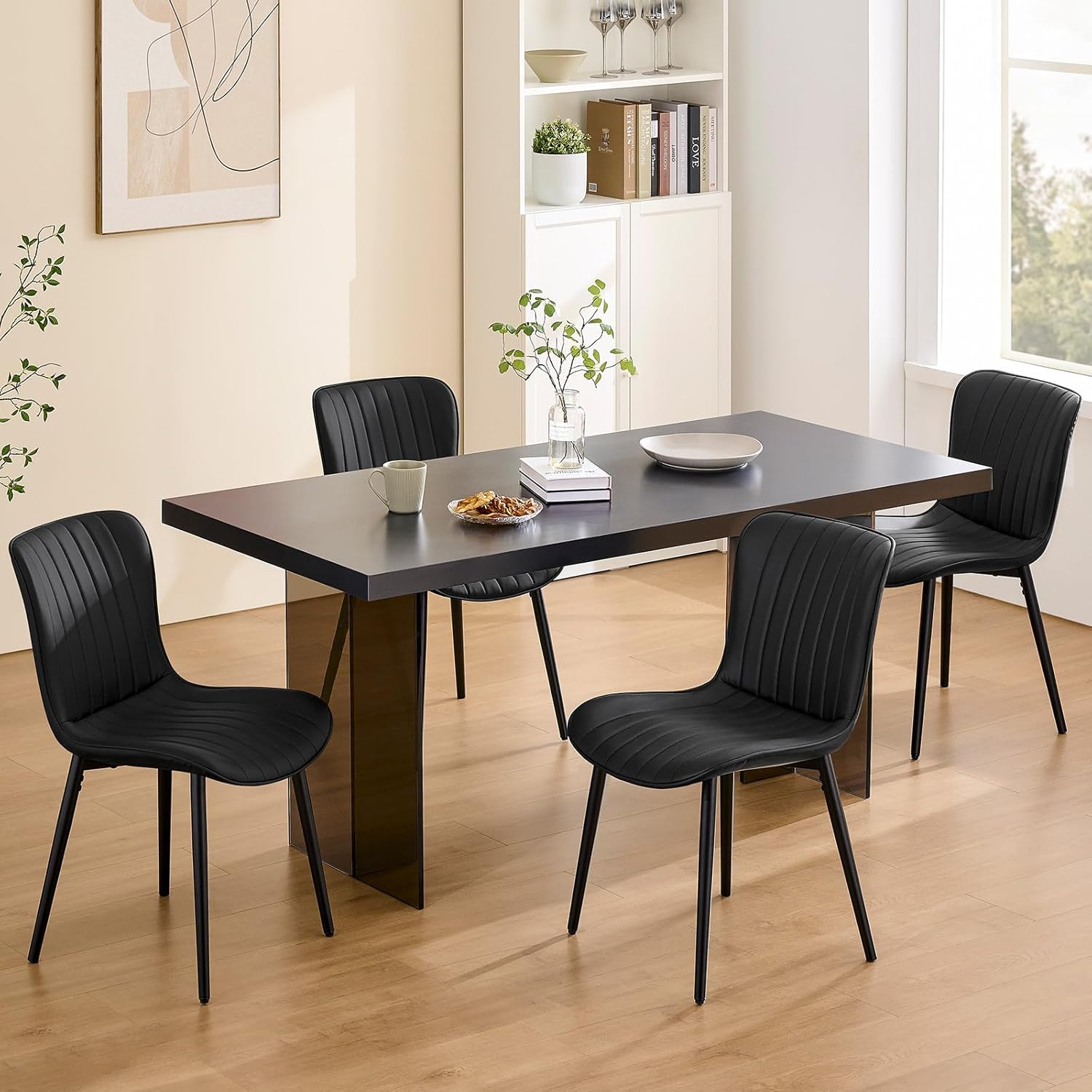 Modern Dining Chairs Set of 4, Heavy Duty Upholstered Side Chairs with Faux Leather, Comfortable Cushions & Durable Metal Legs with Adjustable Feet, Perfect for Kitchen, Dining Room (Black)