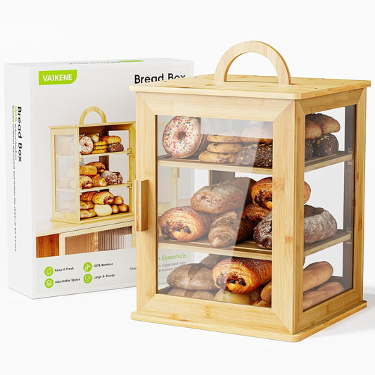 VA1KENE 3-Tier Bread Box for Kitchen Countertop \u2013 Large Capacity Bread Storage for Homemade, Bamboo Farmhouse Counter Breadbox Organizer with Acrylic Window, Adjustable, Carry Handle