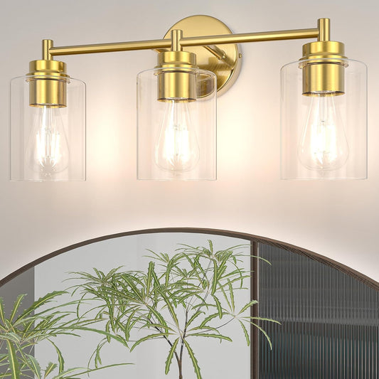Sobrovo Bathroom Vanity Light Fixtures, 3-Light Brushed Gold Wall Sconce with Clear Glass, Modern Vanity Lights Over Mirror for Bathroom, Kitchen, Living Room, Mirror, E26 Base(Bulbs Not Included)