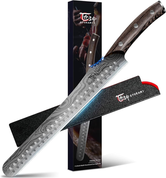 SYOKAMI Brisket Slicing Knife, 12 Inch Multifunction Carving Knife for Meat Cutting, Japanese Style Meat Slicer with Wood Full Tang Handle, Damascus Pattern Long Slicing for Roast Beef, Ideal for Gift