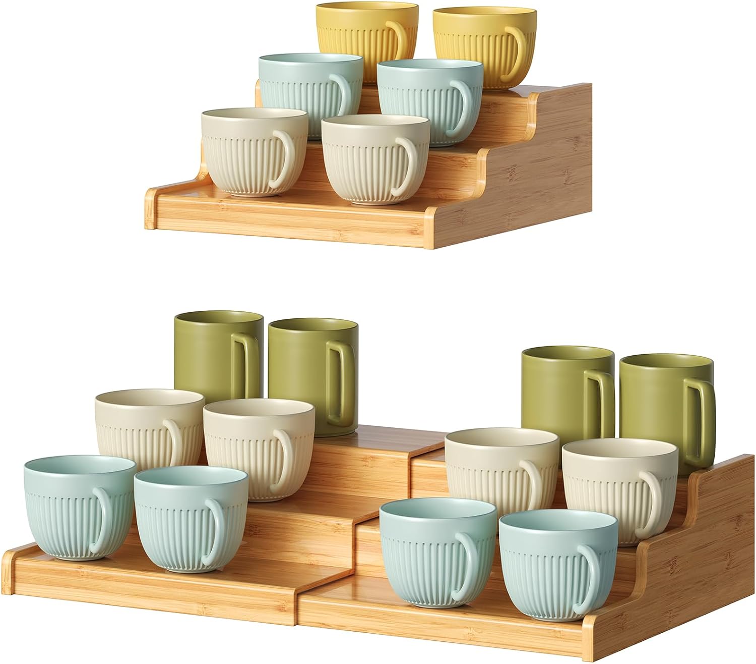 Hongtamoya 3-Tier Expandable Bamboo Mug Holder For Countertop Coffee Cup Holder Display Mug Organizer Mug Rack for Coffee Bar Organizer Mug Shelf for Cabinet for Kitchen, Home