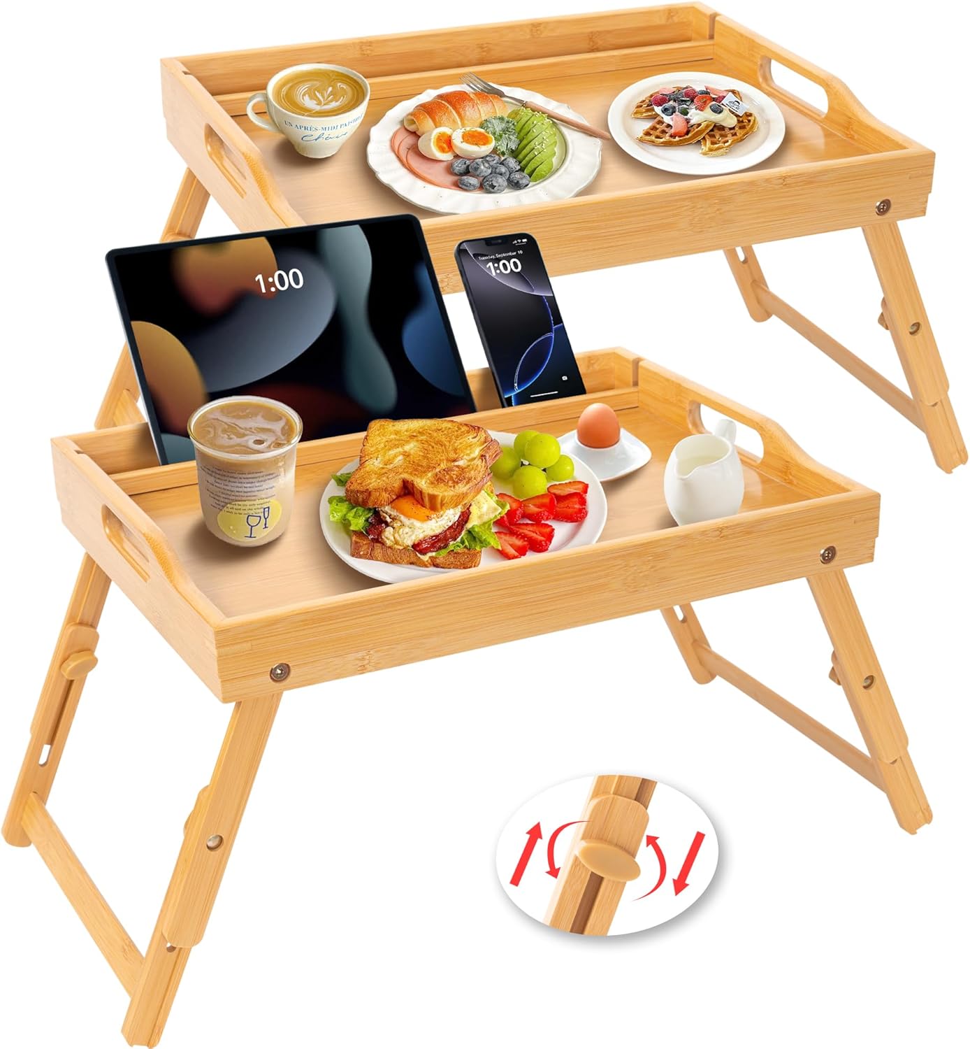 Greenual 2 Pack Bed Tray Table with Handles Folding Legs, Bamboo Breakfast Food Tray with Media Slot, Use As Platter, Laptop Desk, Snack, TV Tray Kitchen Serving Tray(Natural)