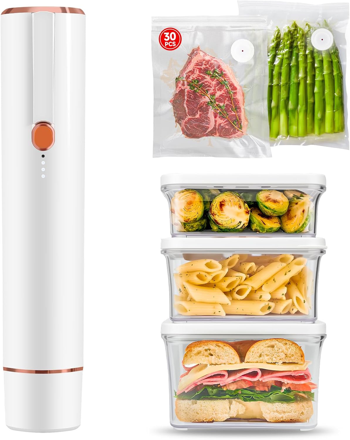 Vixino Vacuum Sealer, Vacuum Sealer for Food Compact Handheld Vac Seal Machine, Seal Meal Saver Portable Food Sealer (Vacuum Sealer Machine + 3 Food Storage Containers + 30 Reusable Bags)