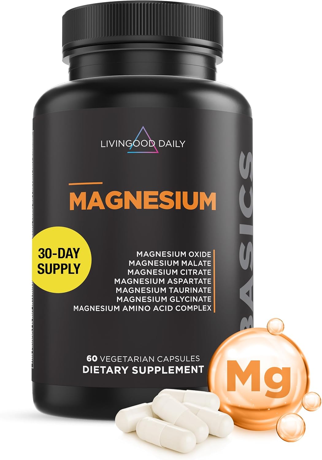 Livingood Daily Magnesium Supplement with Magnesium Glycinate, Citrate, Malate, Oxide, Aspartate, Amino Acid Complex and Chicory Root for Heart Health, Sleep and Muscle Support, 300mg, 60 Capsules