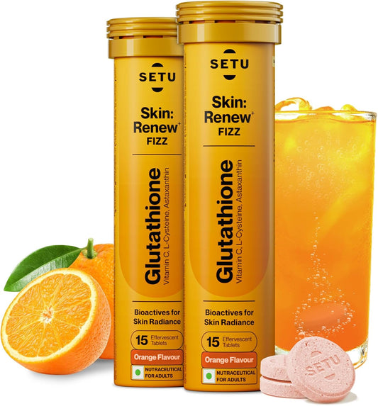 SETU Skin Renew, Glutathione with Vitamin C, Gluta Fizz, Supports Detoxification, Sugar-Free, Orange Flavour, 30 Effervescent Tablets