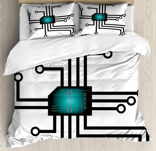 Lunarable Engineer Duvet Cover Sets, Drawing of Futuristic Chip with Circles and Connection Appliances, Bedding Set with 2 Duvet Covers 4 Pillowcases, 2 Pack Cal King Size, Dark Seafoam and Black