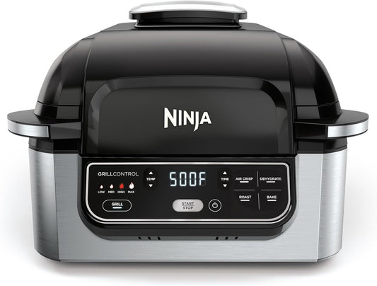 Ninja Foodi 4-in-1 Indoor Grill & Air Fryer with 500°F Cyclonic Grilling Technology, 4-Qt Capacity, Black/Stainless, Smoke Control System, Roast-Bake-Air Crisp Function, Dishwasher Safe Parts