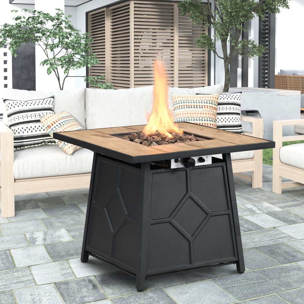 28" Square Propane Fire Pit Table \u2013 40,000 BTU Outdoor Gas Firepit with Auto-Ignition & Waterproof Cover for Patio, Deck, or Backyard (Brown)