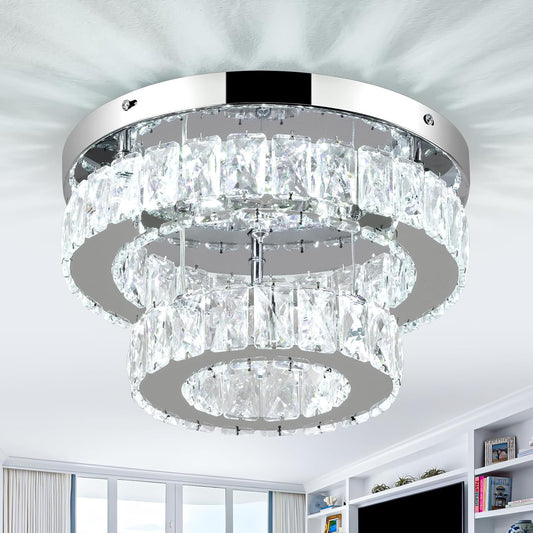 12 Inch Mini Chandelier LED Crystal Ceiling Light 2 Layers Flush Mount Ceiling Light Modern Chandeliers Lighting for Bedroom Hallway Staircase Kitchen Bathroom (6000K Cool White)