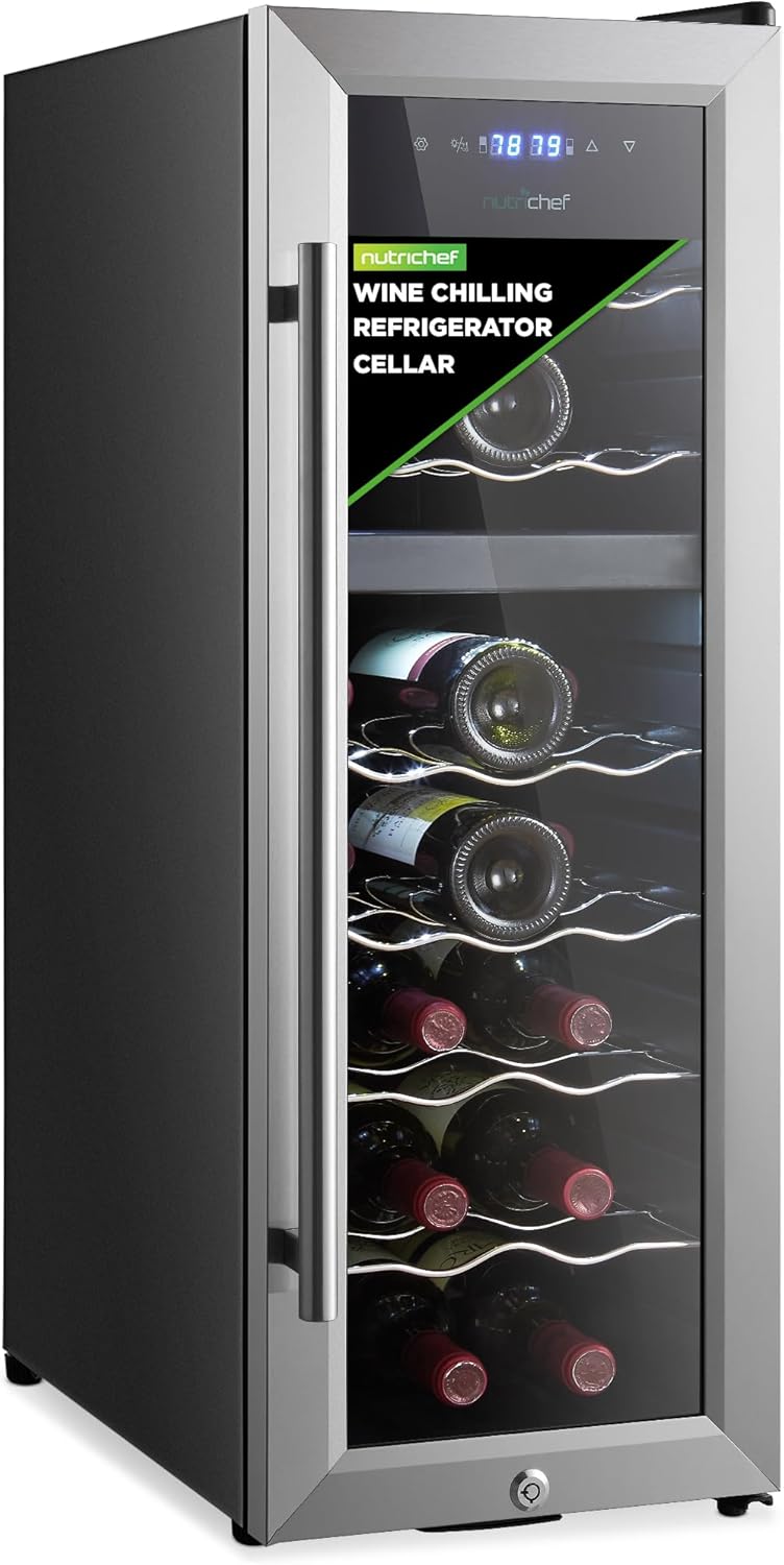 NutriChef 18 Bottle Wine Fridge | Dual Zone Wine Chiller | Adjustable Temperature 41°F to 64°F | Ultra Quiet Operation | Wine Cooler For Home & Office | Free Standing 32x11x23 IN (Black)