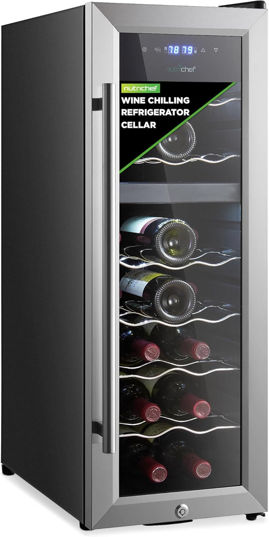 NutriChef 18 Bottle Wine Fridge | Dual Zone Wine Chiller | Adjustable Temperature 41°F to 64°F | Ultra Quiet Operation | Wine Cooler For Home & Office | Free Standing 32x11x23 IN (Black)