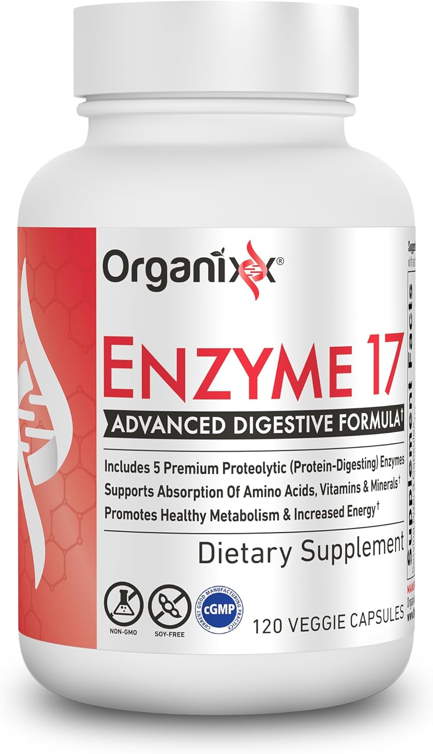 Organixx Enzyme 17 Essential Digestive Enzymes for Women & Men, For Gut Health & Optimal Digestive Health, Support for Bloating, Gas, Nutrient Absorption & Immunity, Vegan, Non GMO, 80 Veggie Capsules