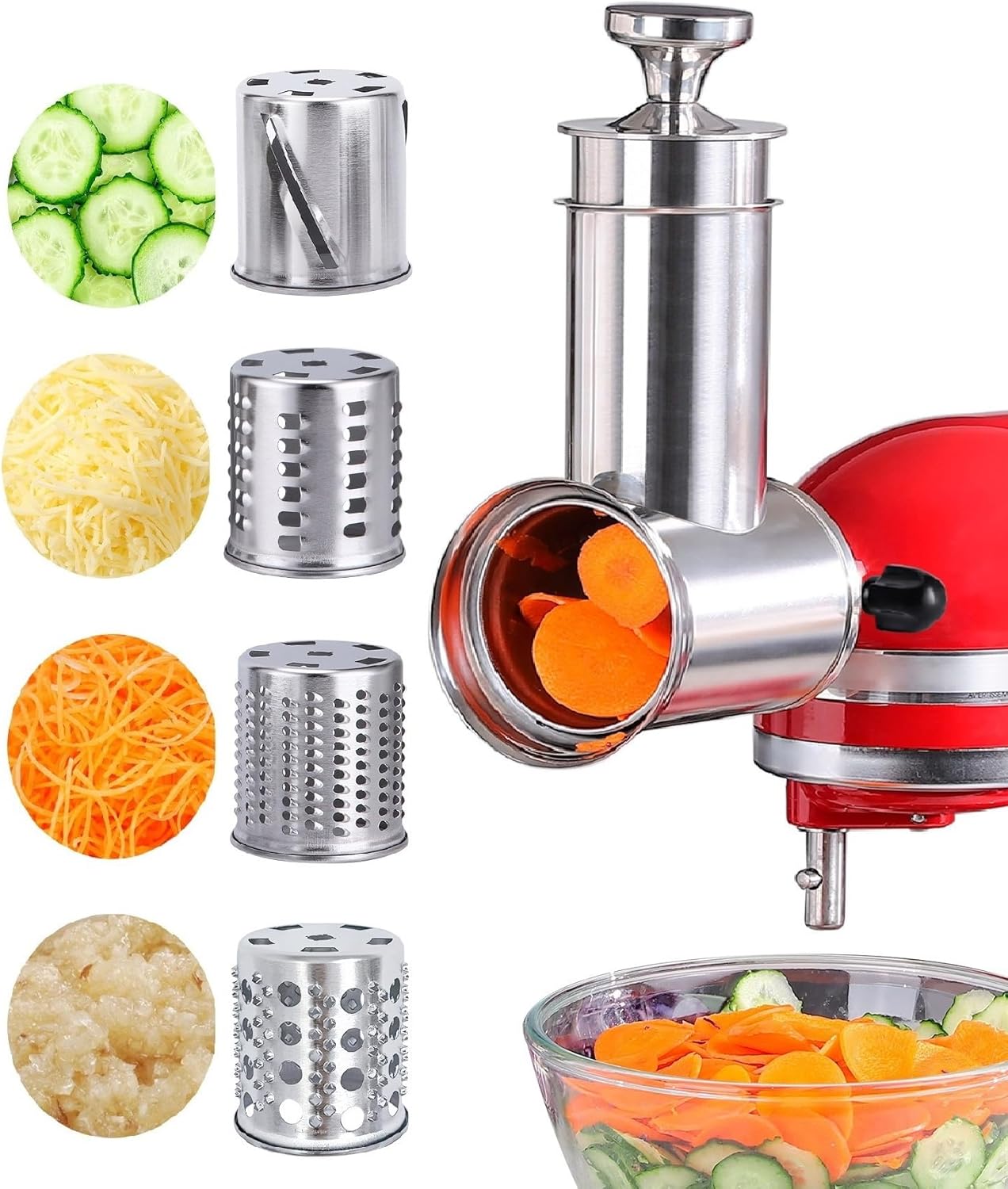 FavorKit Stainless Steel Salad Maker Attachment for KitchenAid Mixers, Large Slicer Shredder & Cheese Grater Accessories with 4 Blades,Dishwasher Safe