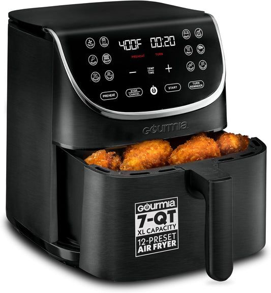 Gourmia Air Fryer Oven Digital Display 7 Quart Large AirFryer Cooker 12 Touch Cooking Presets, XL Air Fryer Basket 1700w Power Multifunction GAF716 Black and Stainless Steel Accents FRY FORCE 360°