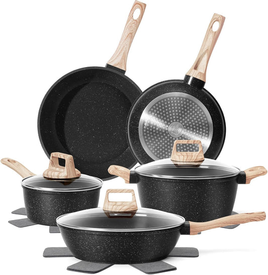 SODAY 12 Pcs Pots and Pans Set, Nonstick Cookware Sets Black Granite Induction Cookware, Non-toxic Healthy Non Stick Kitchen Cooking Set with Frying Pans Set, Saucepans,Steamer (PFAS, PFOA, PFOS Free)