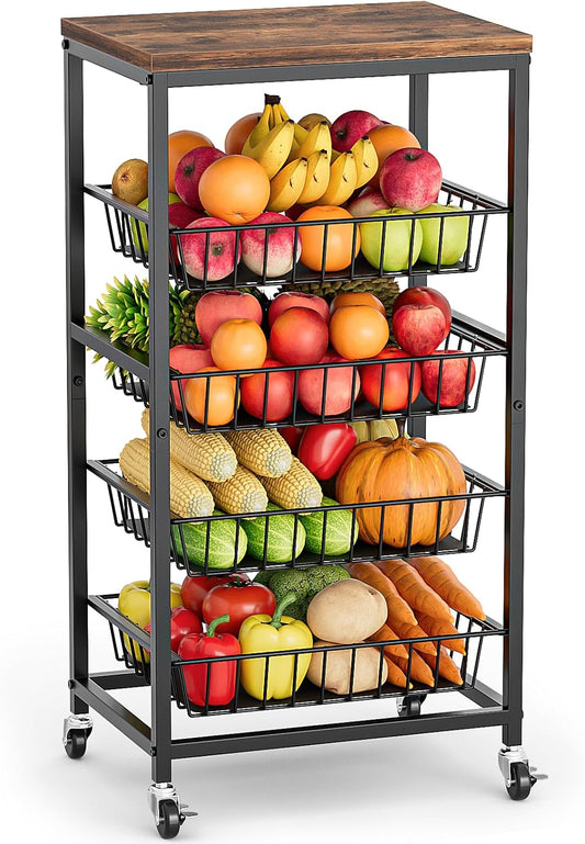 Venkuber Fruit Vegetable Cart, 5-Tier Snack & Kitchen Cart on Wheels with Storage, Pull-Out Baskets & Wood Top, Rolling Organizer for Pantry, Living Room (Brown)