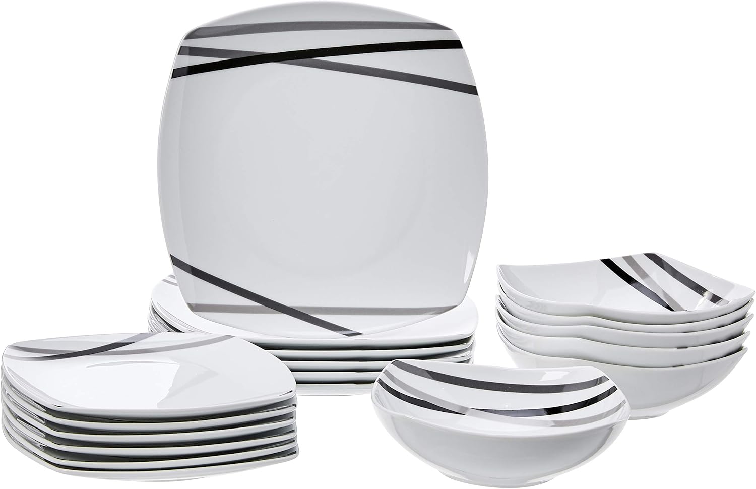 Amazon Basics 18 Piece Kitchen Dinnerware Set - Square Plates, Bowls, Service for 6 - Modern Beams