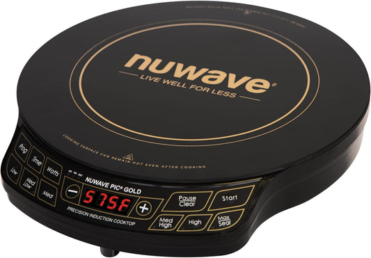 Nuwave Gold Precision Induction Cooktop, Portable, Large 8” Heating Coil, 12” Shatter-Proof Ceramic Glass Surface, 51 Temp Settings from 100°F - 575°F, 3 Watt Settings 600, 900, & 1500 Watts (Renewed)
