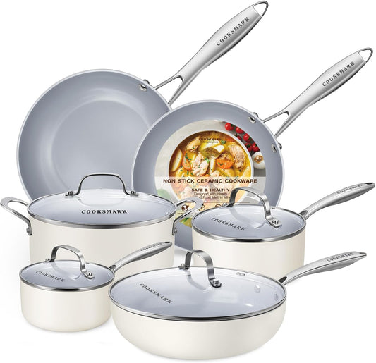 10-Piece Ceramic Nonstick Cookware Set - PFOA-Free Pots and Pans with Glass Lids, Healthy Cooking Easy Clean, Induction Compatible & Oven Safe, Includes Frying Pan, Saucepan, Stockpot - Cream White