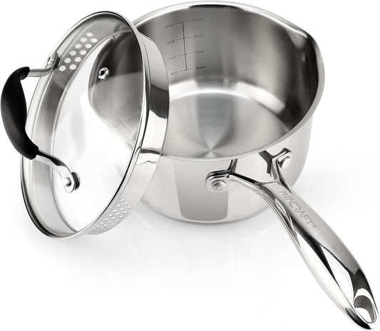 AVACRAFT Stainless Steel Saucepan with Glass Strainer Lid, Two Side Spouts for Easy Pour with Ergonomic Handle, Multipurpose Sauce Pot (5-Ply Capsule Bottom, 2.5 Quart)