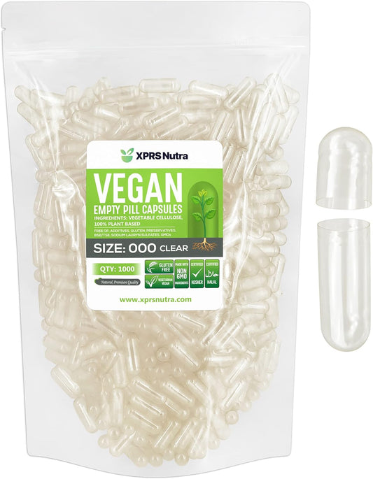 XPRS Nutra Vegan Size 000 Empty Capsules - 1000 Count Clear Empty Vegan Capsules - Vegetarian - DIY Vegetable Capsule Filling - Veggie Pill Caps Pills