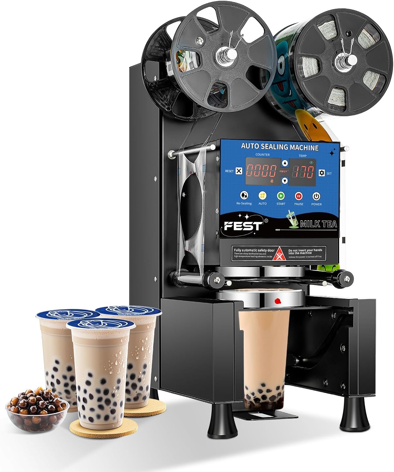 FEST Fully Automatic Cup Sealing Machine, Electric Commercial Cup Sealer for Bubble Tea, Milk Tea, Coffee & Juice, Fits 90–95mm PP/PET/Paper Cups, 500–600 Cups/h, Digital Temperature Control, Black
