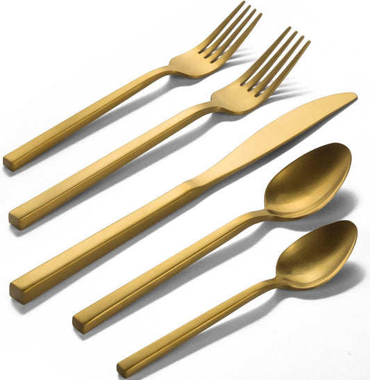 Alata Cube Gold 20-Piece Flatware Set, Forged Cutlery Set, Matte Gold Silverware Service for 4, Stainless Steel Tableware with Square Handle for Home\/Restaurant, Dishwasher Safe