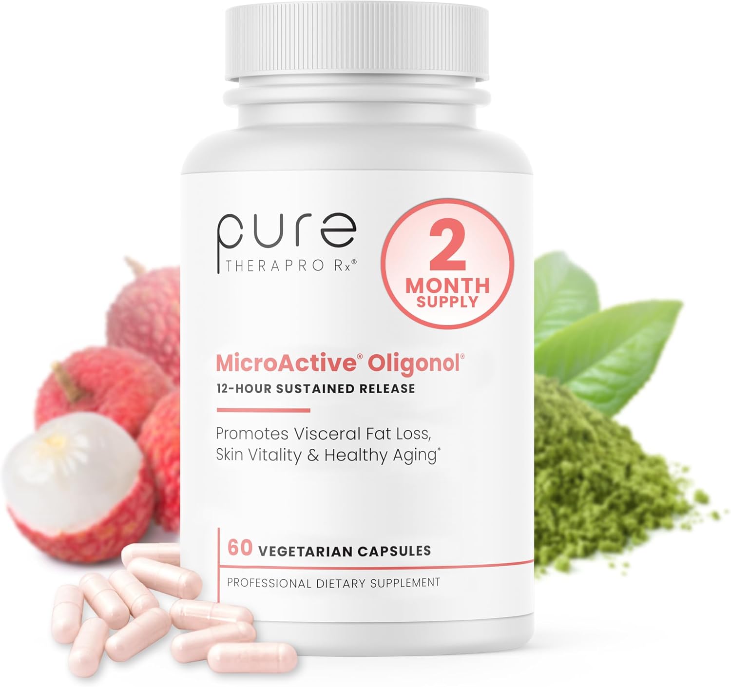 Pure Therapro Rx MicroActive Oligonol | Patented Lychii Fruit & Green Tea Supplement | 2X More bioAvailable | 2 Month Supply | Non-GMO (60 Vegan Capsules)