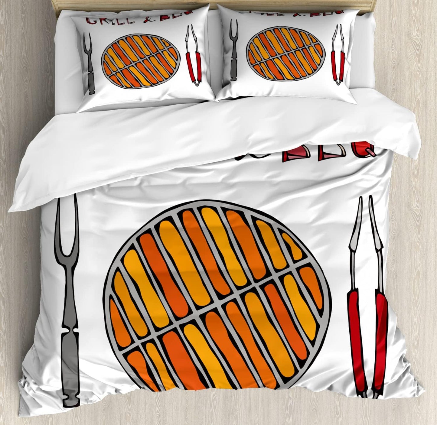 Lunarable BBQ Party Duvet Cover Sets, Grill and BBQ Illustration with Warm Colors Hand Drawn Appliances, Bedding Set with 2 Duvet Covers 4 Pillowcases, 2 Pack Cal King Size, Vermilion Orange