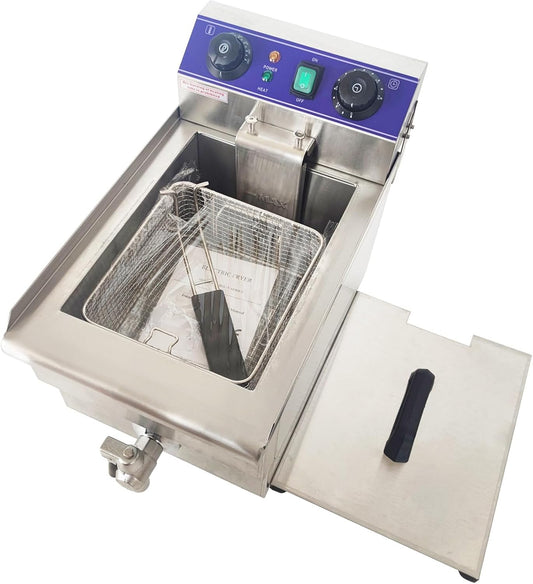 110V Stainless Steel Electric Commercial Deep Fryer Machine Hot Dog Cheese Frying Machine with Detachable Basket 10L Stainless Steel for Restaurants