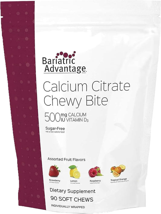 Bariatric Advantage Calcium Citrate Chewy Bites 500 mg - for Bariatric Surgery Patients - Vitamin D3 - Sugar-Free Chewable Calcium Supplement - Bariatric Calcium Chews - Assorted Fruit - 90 Count