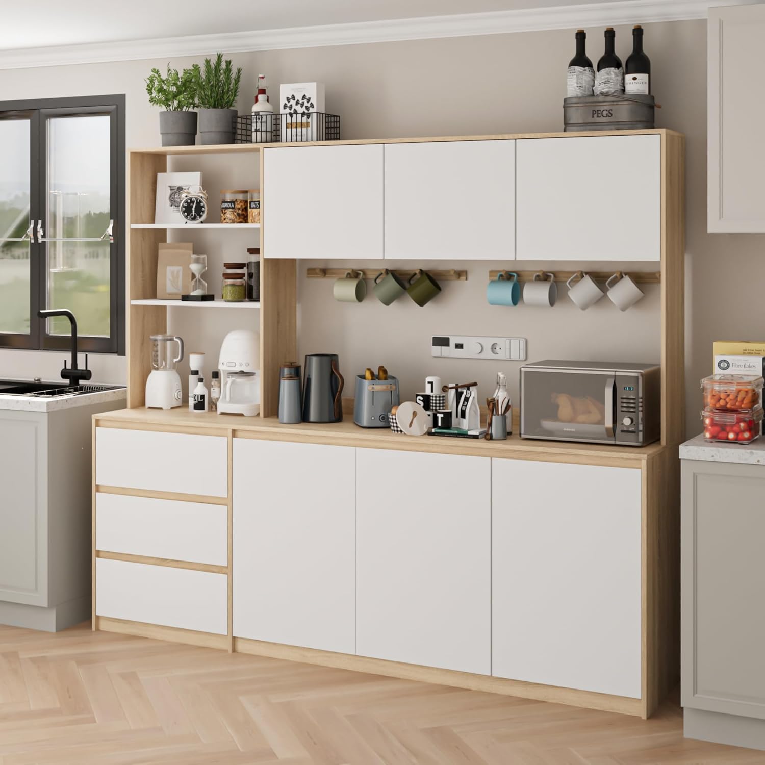 Mekminop Extra Large Kitchen Pantry with Microwave Shelf, Kitchen Hutch Storage Cabinet with Countertop, Freestanding Countertop Cabinet with 3 Drawers and 3 Open Shelves, White + Walnut