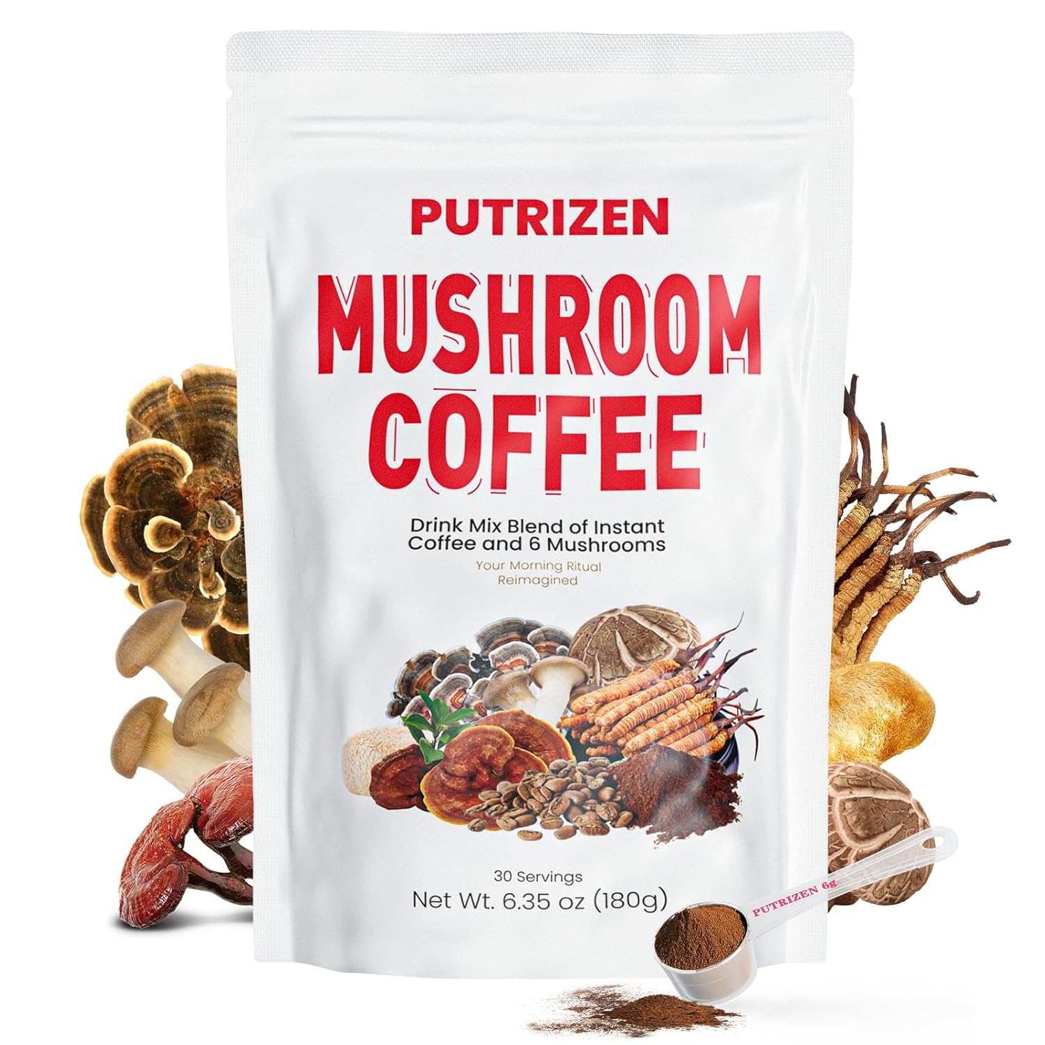 PUTRIZEN Mushroom Coffee with 6 Adaptogenic Functional Mushrooms & MCT Oil, Instant Coffee Powder with 2500mg of Mushrooms for Focus, Energy, Gut Health, Immunity & Sleep – 30 Servings