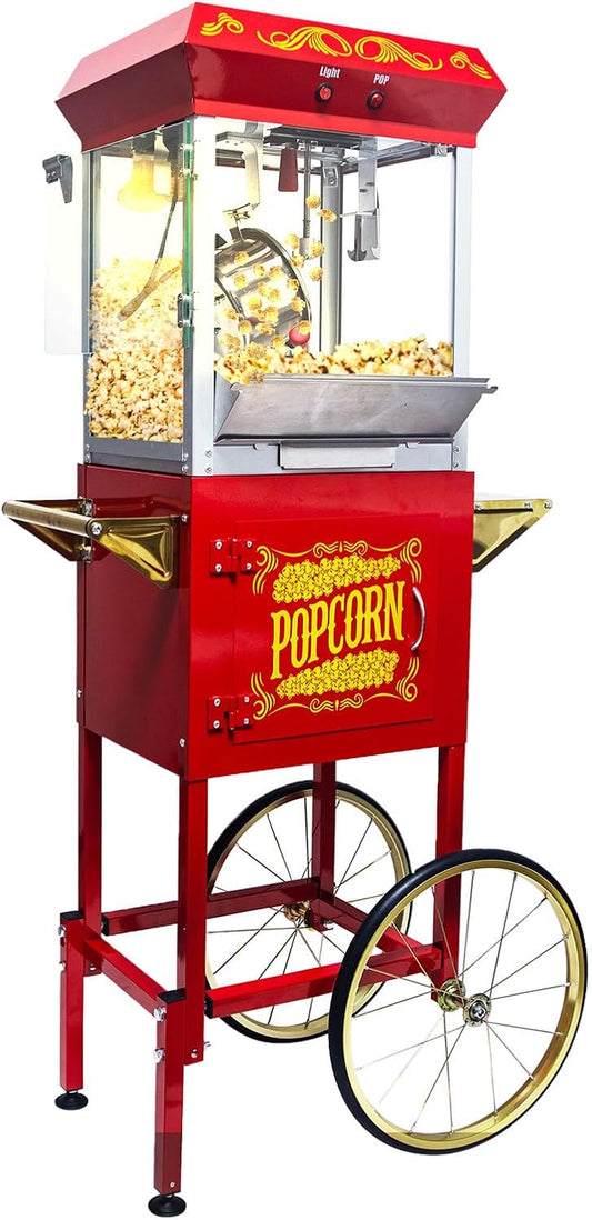 8oz Popcorn Machine with Cart, Vintage Popcorn Machine with Stand, Wheels, Stainless Steel Kettle, Heated Warming Deck, Old Maids Drawer for Home Theater Party, 32 Cups Per Batch, Red