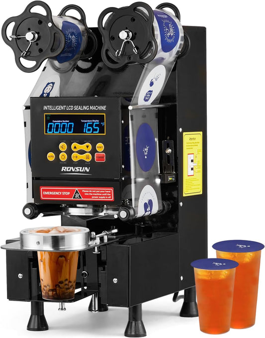 OlymStore Cup Sealing Machine, Cup Sealer Machine Full Automatic, Electric Cup Sealing Machine 500-600 Cups\/H, Bubble Tea Machine with Digital Control LCD Panel for Bubble Milk Tea Coffee Black