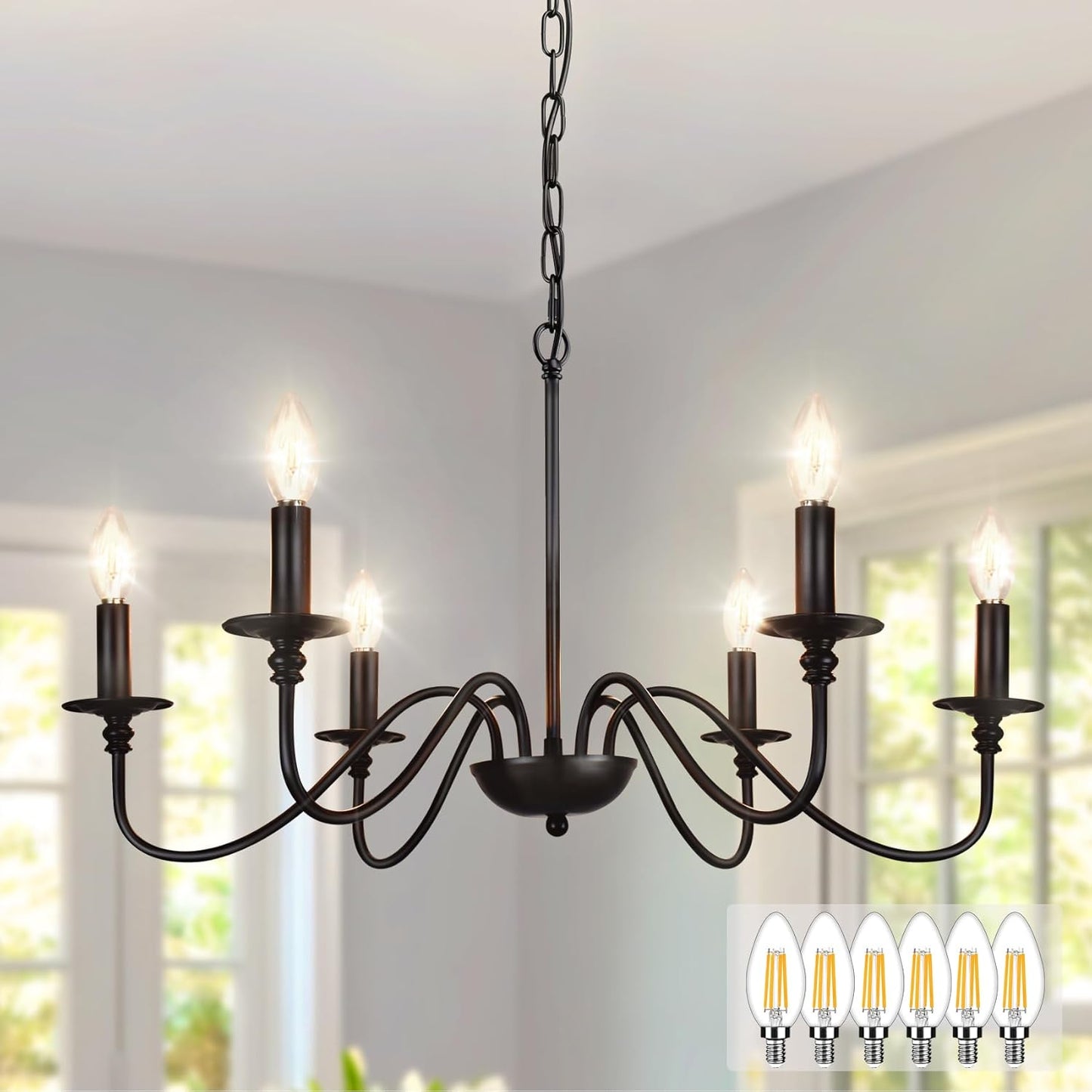 Depuley Farmhouse Chandelier for Dining Room: 6-Light Black Industrial Kitchen Island Pendant Light Fixture with 6 E12 Bulbs - Rustic Candle Chandeliers Vintage Modern Hanging Ceiling Lamp for Bedroom
