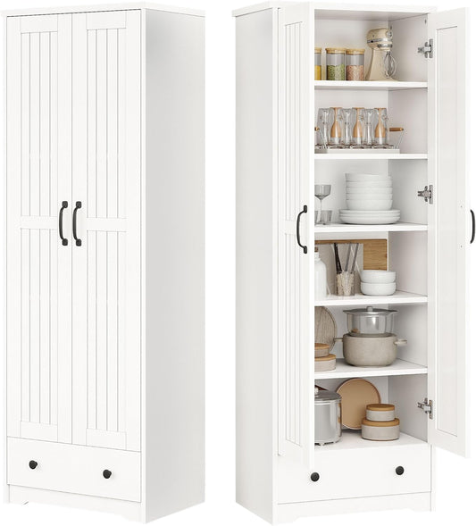 70" Tall Storage Cabinets, Large Wood Storage Pantry Cabinet with 6 Adjustable Shelves, 2 Striped Doors & Drawer, Standing Utility Cabinet for Kitchen, Bathroom, Dining Room, Antique (White)